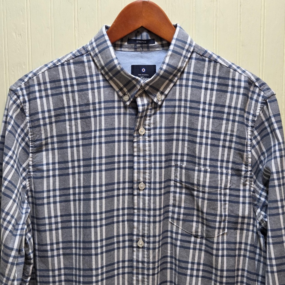 Ben Sherman Shirt Mens Large Blue Plaid Long Sleeve Button Down Stretch‎ Casual